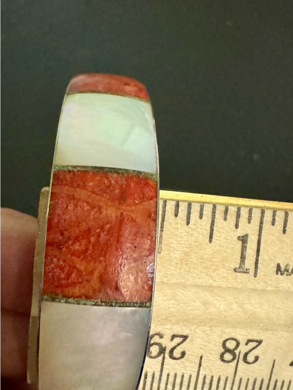 Enamel Inlay Cuff Bracelet with Orange and Mother of Pearl White Panels - Picture 4 of 7